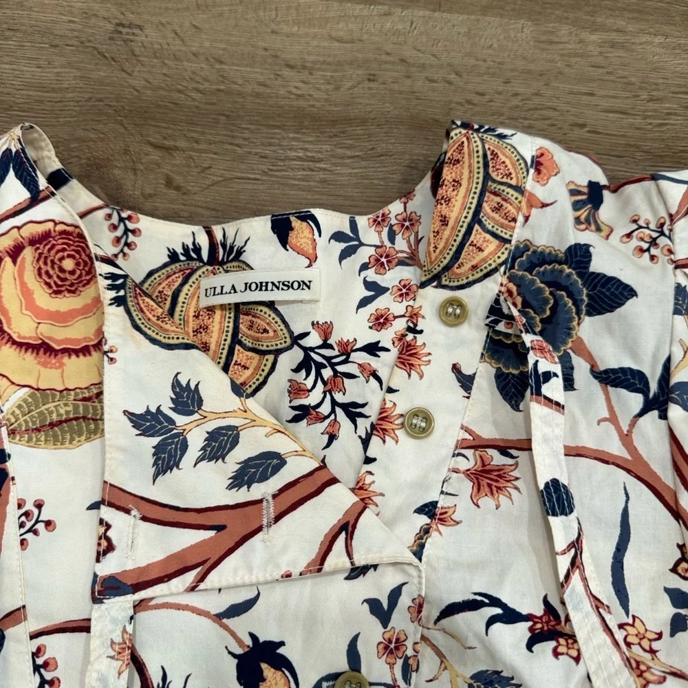 Ulla Johnson Cream Floral Puff-Sleeve Blouse with Navy and Rust Motif